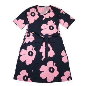 NWT marimekko Johanas Juhla In Navy Pink Unikko Dress Cotton Jersey Dress L